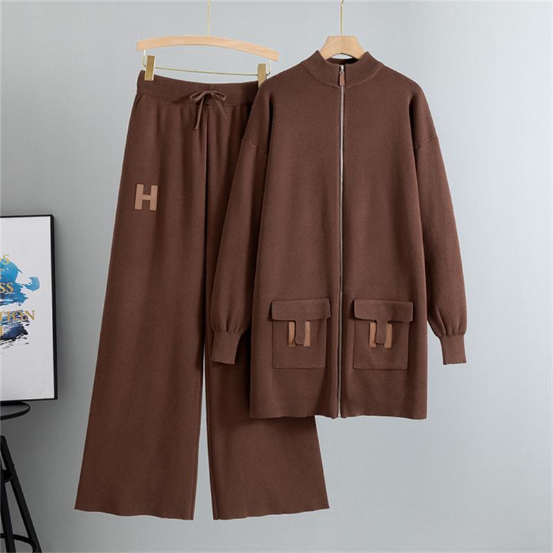 Women's Autumn Winter Fashion Casual Suit Mid Length Knitted Open Shirt Pants Two Piece Suit