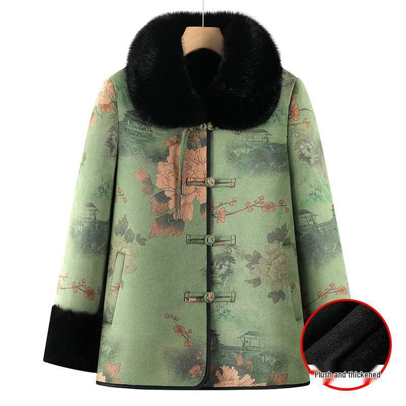 

Winter Fur-Collared Cotton Jacket for Elderly Women - Grandma Style Tang Suit 2XL [100-115 lbs]