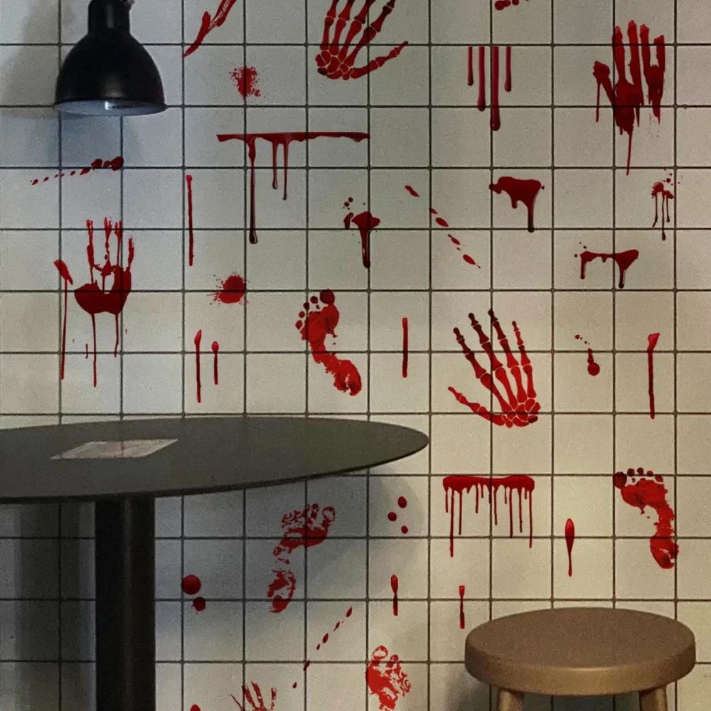Halloween Window Stickers Terror Bloody Handprint Footprint Indoor Outdoor Spooky Halloween Party Wall Decal Floor Stickers
