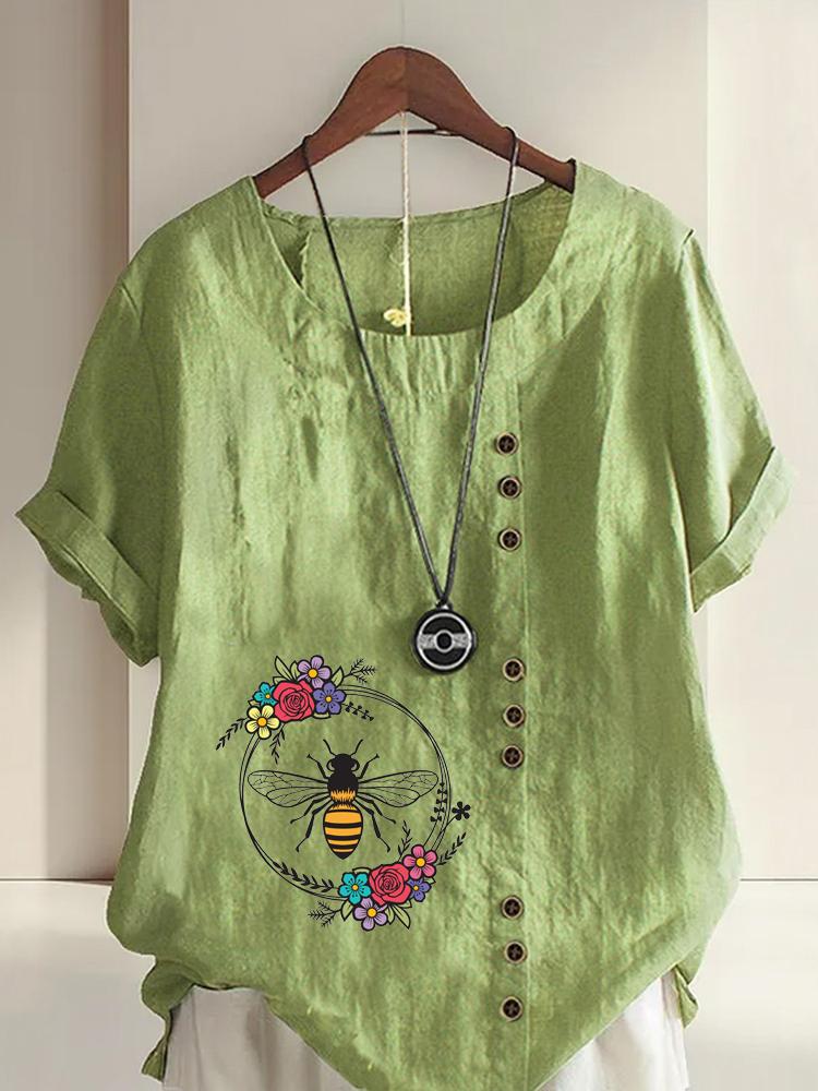 Women's Fashion Bee Flowers Print Shot Sleeve T-shirt Loose Cotton Shirt Casual Loose Summer Blouse Tops Plus Size