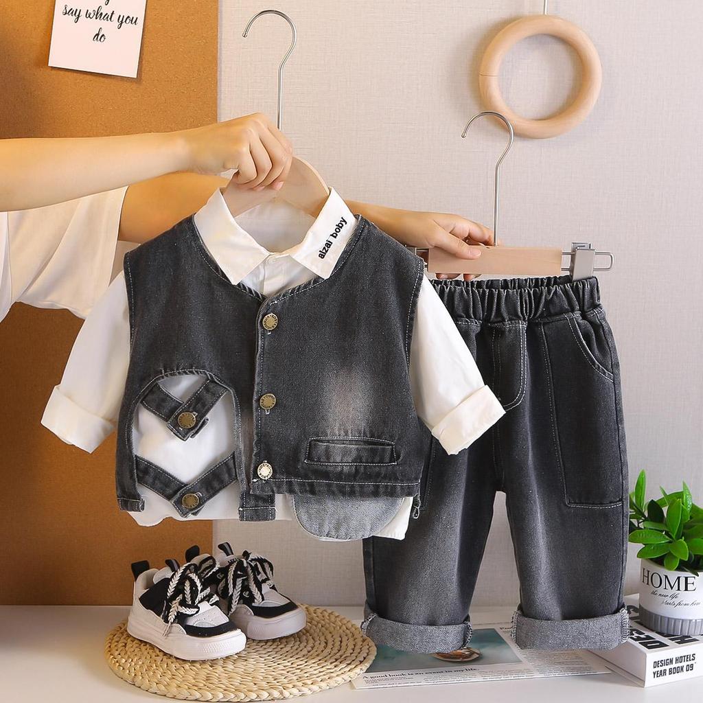 Boys' denim vest three piece set, autumn children's stylish shirt, denim pants, children's handsome set