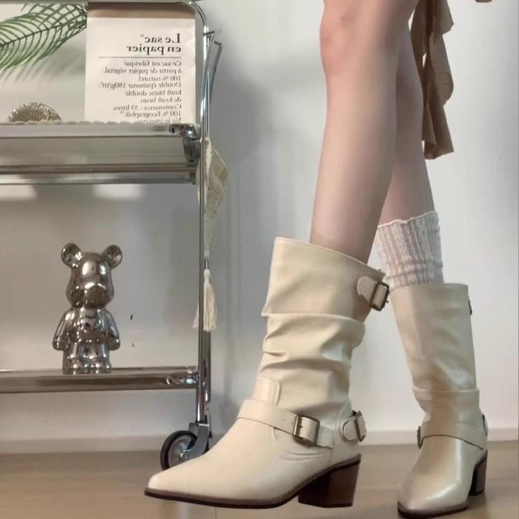 Yueyu Versatile British Martin Boots Women's Thick Heel Skinny Short Western Cowboy Boots White Pointed Pile Boots