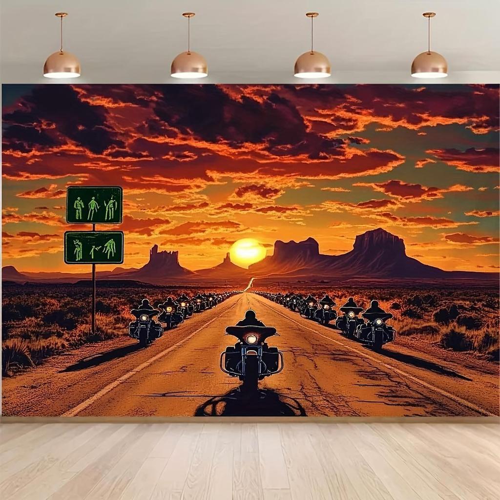 1 adventure road sunset photography background banner | Durable polyester 2D flat wall decoration with iconic Route 66 design