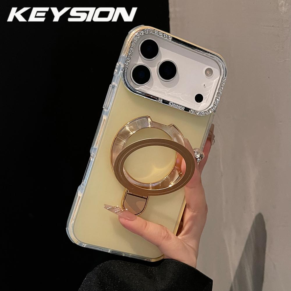 KEYSION Magnetic Jewelled Case for iPhone 16 17 Pro Max Air 16 Plus Transparent Matte TPU+PC Shockproof Ring Stand Phone Cover