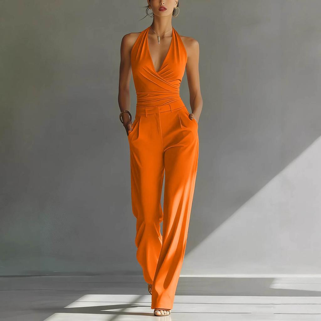 Women’s Neck Sleeveless Wide Leg Jumpsuit with Deep V Neck and Fitted Waist Design for Casual and Formal Occasions
