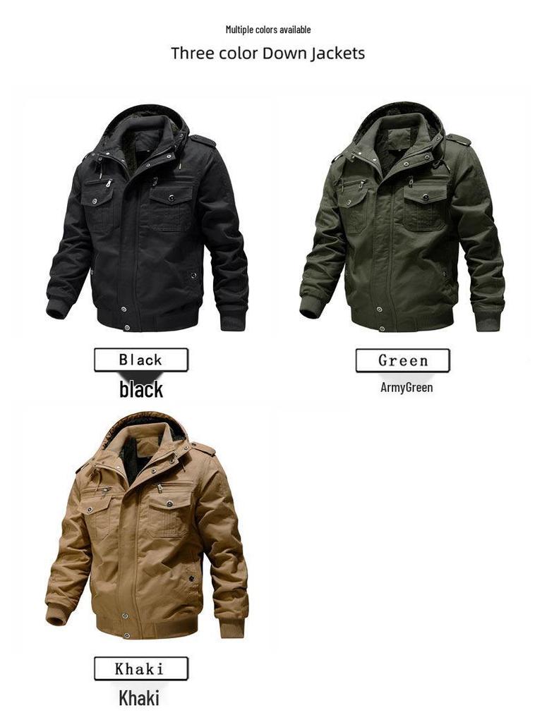 Men's Hooded Military-Style Washed Cotton Jacket with Velvet Lining