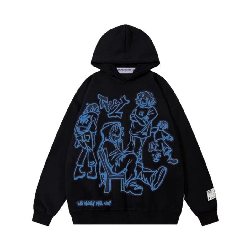 Oversized Hooded Sweatshirt Men Women Streetwear Loose Fit Graphic Print Long Sleeve Pullover Casual Jacket