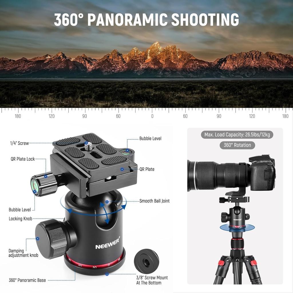 NEEWER 168cm Carbon Fiber Camera Compact and with Ball Quick Shoe and Carrying Ideal for Photography and DSLR Sports and Maximum Load 12kg Tripod,