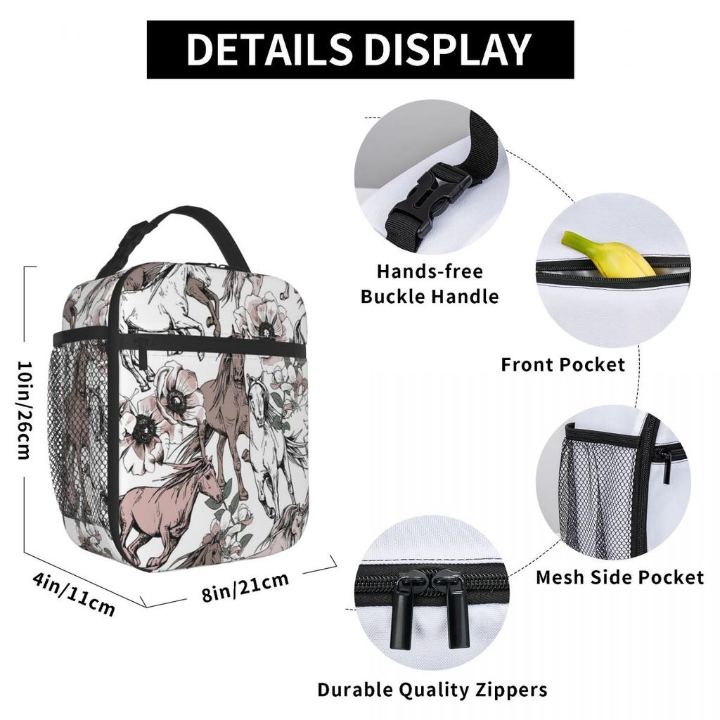 Frische Blume Wildpferd Isolierte Lunchtasche für Damen Büro Kühltasche Thermische Lebensmittelbox Tragetasche Auslaufsicherer Lunchbox-Behälter