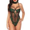 Lace Pajamas One Piece Backless Lace Up Sleeveless Slim Charming Splicing Bodysuit with Collar for Women Lady Green S
