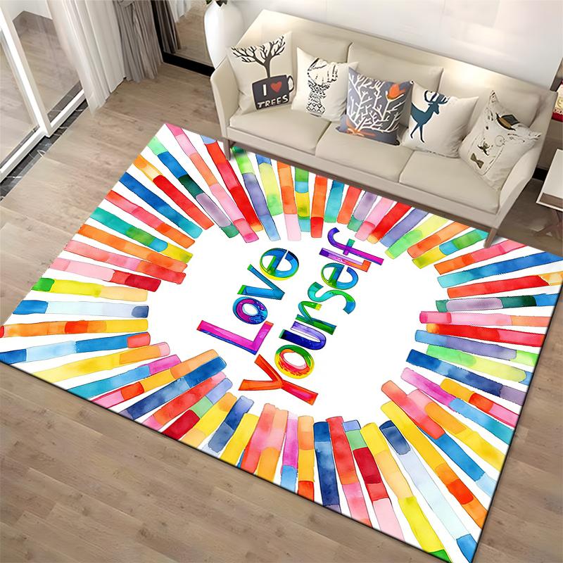 Colorful "Love Yourself" Inspirational Carpet with Multicolor Stripes Design Suitable for Use As an Anti-slip for Living Room Bedroom Sofas
