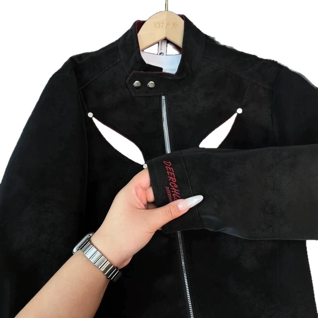 American deconstructed leather jacket men's autumn splicing contrasting color stand-up collar baseball jersey short jacket