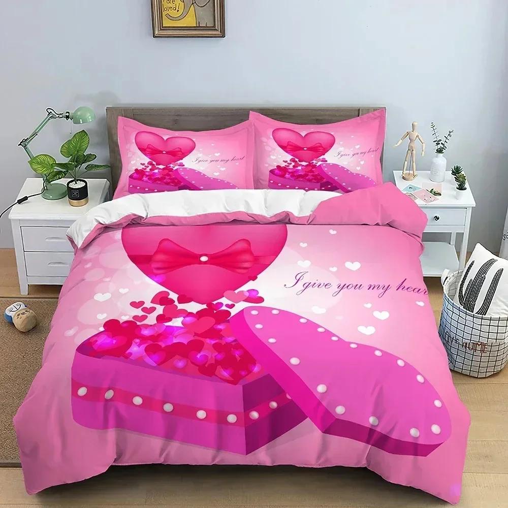 New 3D Love Heart Duvet Cover Valentines Gift Bedding Set for Girls Women Couples Soft Polyester Quilt Cover Home Textile