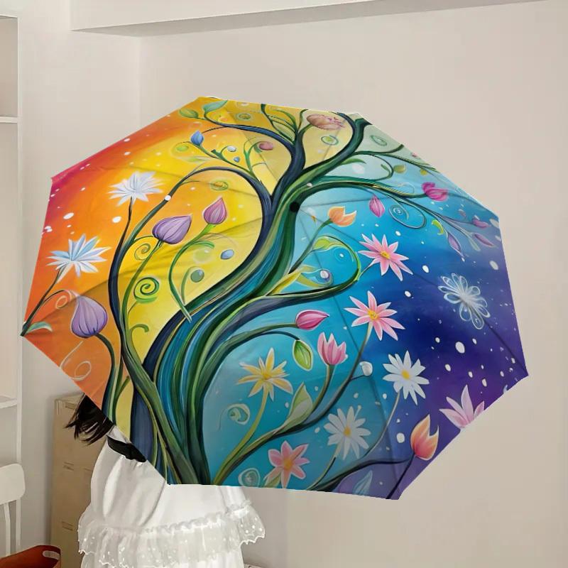 1pc Colorful Floral Tree Artwork Umbrella with Plastic Handle,Suitable for All Seasons Home Travel Outdoor UmbrellaDD278