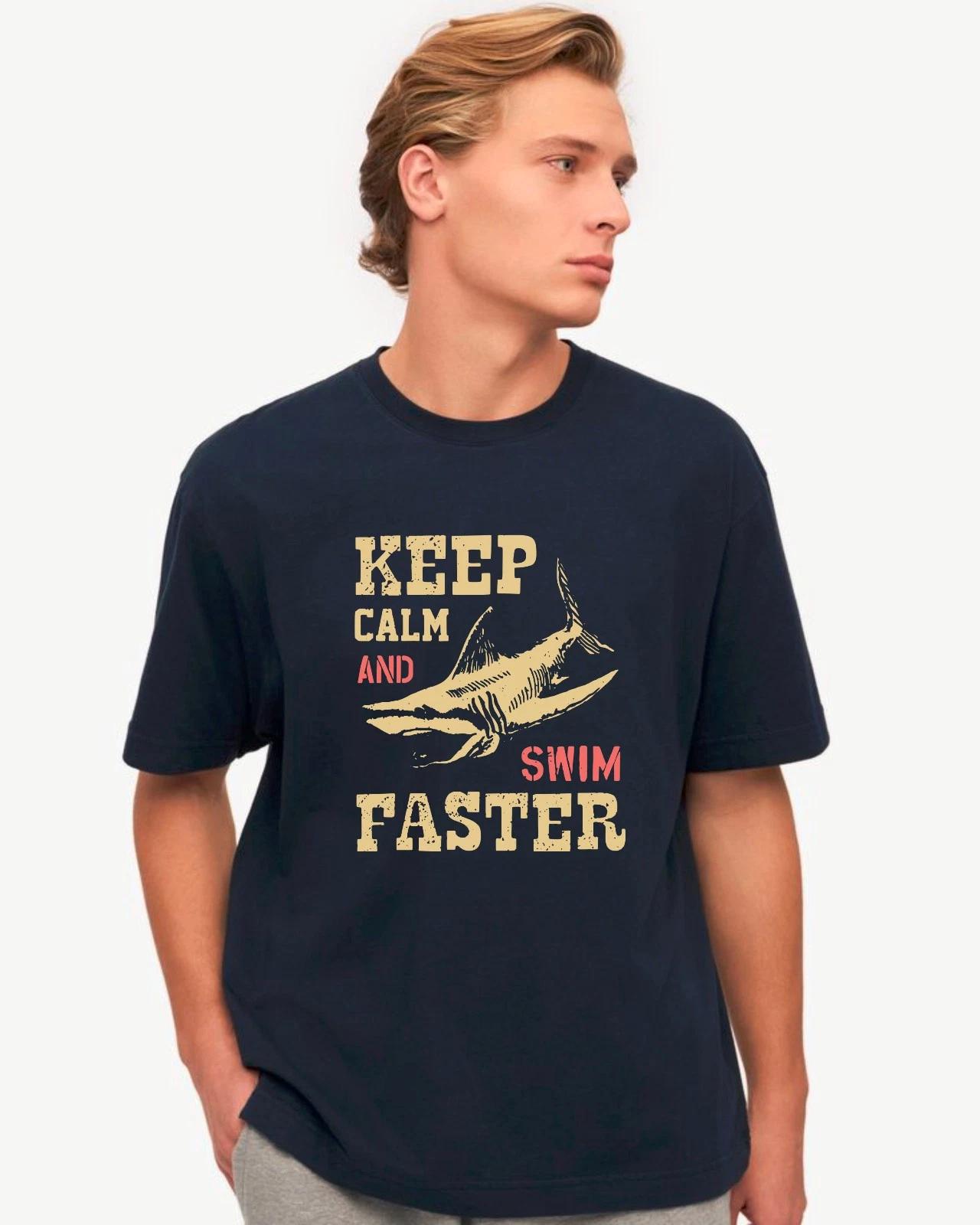 Funny Swimmer Gift T-Shirt, Keep Calm And Swim Faster Shark Attack Graphic Tee XL