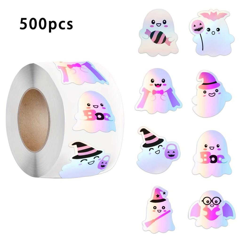 Vibrant Rainbow Colors & Iridescent Sheen Halloween Stickers - Spooky Designs- Durable Paper Adhesive Labels for Gift Wrapping
