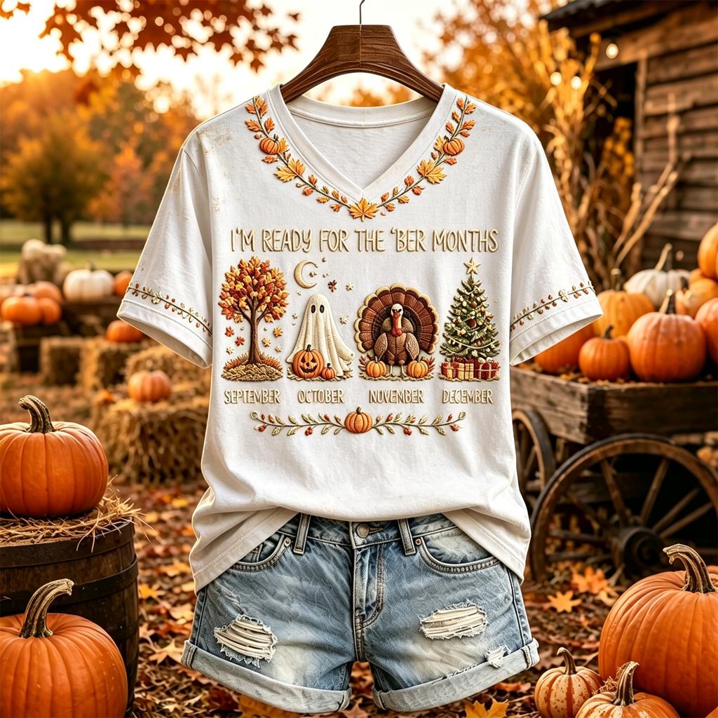 Women's Casual V-Neck Short Sleeve Pullover Top with Thanksgiving Print