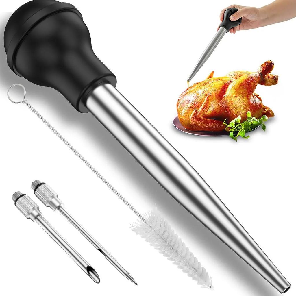 Turkey Baster Set of 4 Stainless Steel Turkey Baster Syringe Meat Marinade Injector Needle with 2 Needles Silicone Bulb and