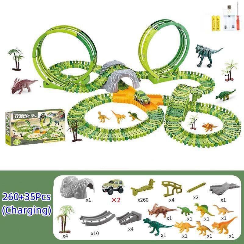 Dinosaur Race Track Set Rail Car Toys Assembly Bend Flex Racing Track Led Electronic Flash Light Car Toys for Children Years Gift