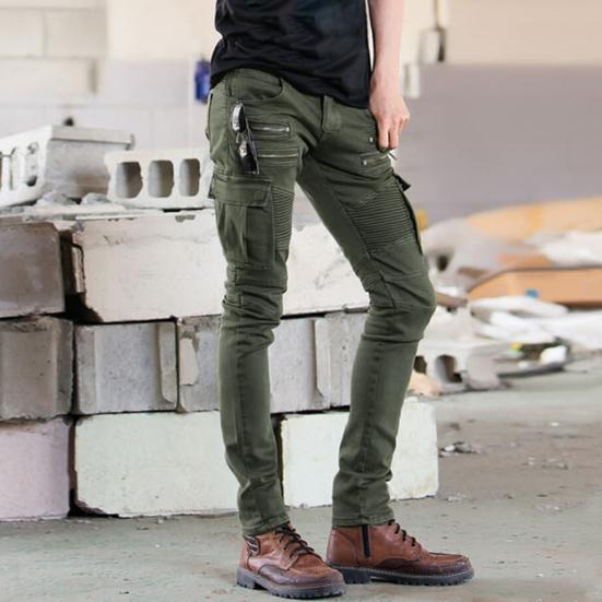 Motorcycle Cargo Pants Pleats Multi Pockets Solid Color Slim Fit Streetwear Hip