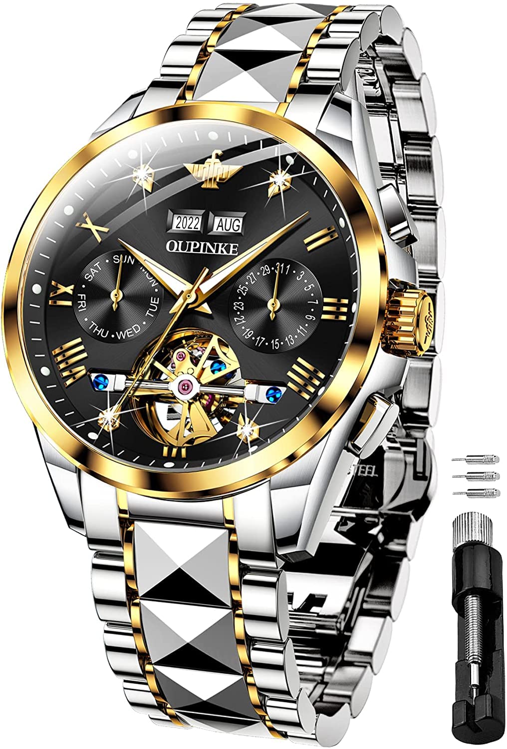 

OUPINKE Men s Automatic Watch, Mechanical Movement, Waterproof, Calendar, 40mm Hollow Dial, Luminous Stainless Steel, Black