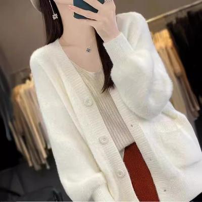2025 Autumn and Winter New Lazy Style Imitation Mink Knitted Cardigan Women's Versatile Long-sleeved Sweater Jacket Top Women's Clothing