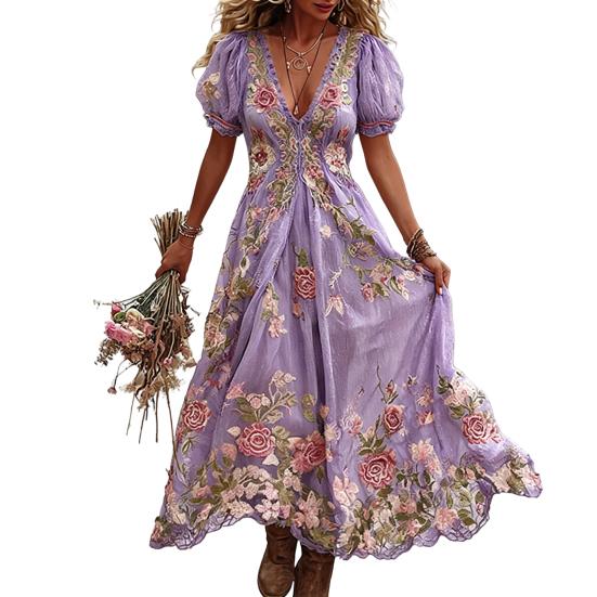 Women's Boho V-Neck Maxi Dress, Floral Print Short Sleeve Casual A-line Dress, Vintage Western Travel Vacation Outfits