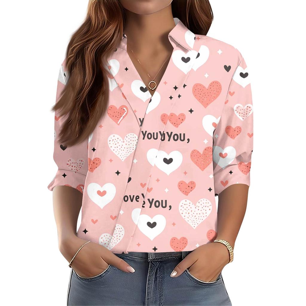 Damen 3/4-Ärmel V-Ausschnitt Hemd Bedruckt Arbeitskleidung Lässig Regulär Hemdkragen Oberteil