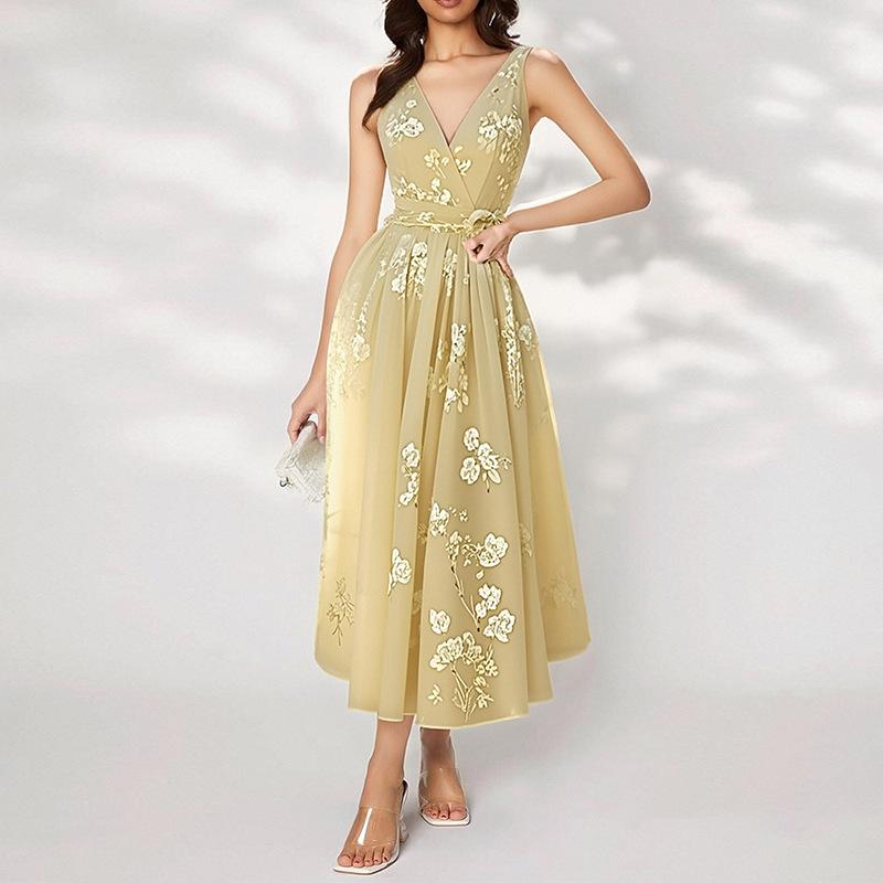 Spring new, fashionable and elegant v-neck printed lace-up sleeveless dress S