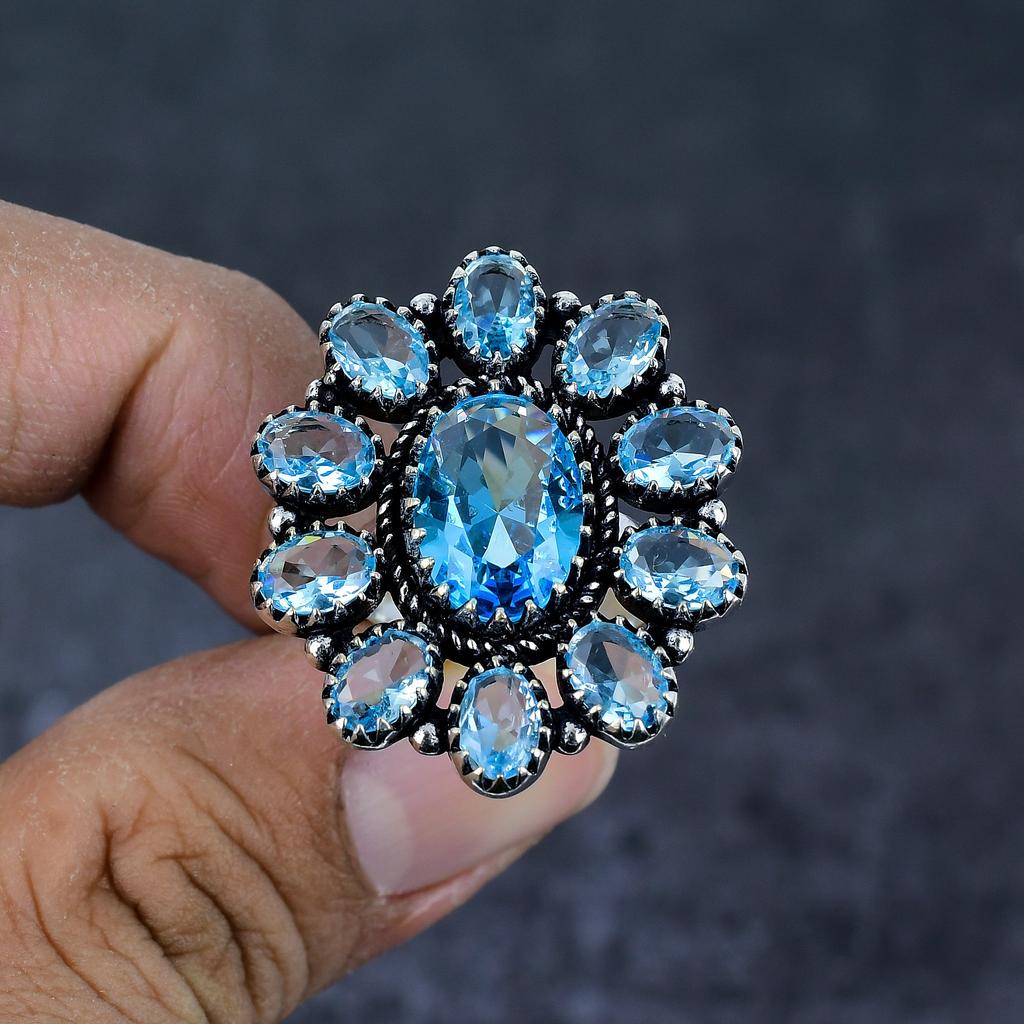 Natural Swiss Blue Topaz Gemstone 925 Sterling Silver Jewelry Ring Size 7 d4Q59