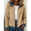 Women Multi-color Striped Chenille Zip Up Jacket Contrast Denim Collar Long Sleeve Casual Loose Sweater Cardigan