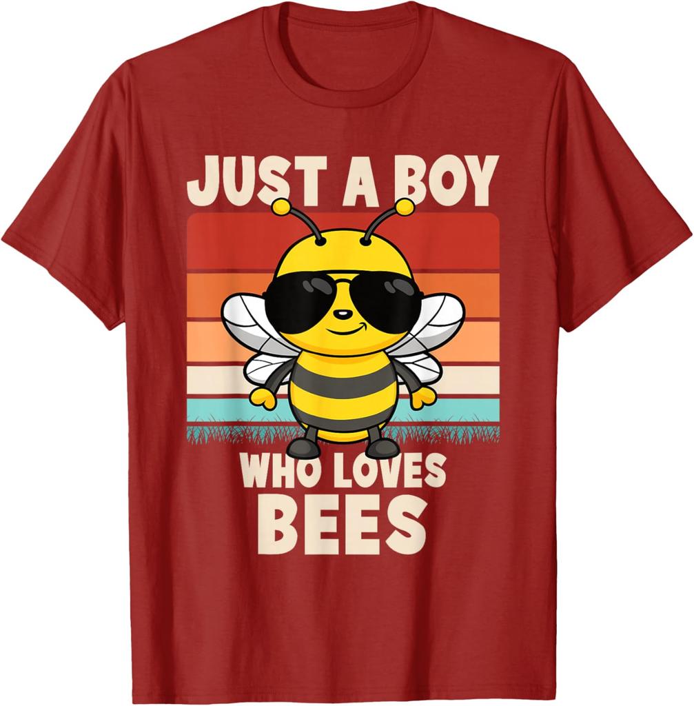 Just A Boy Who Loves Bees Cartoon Graphic Tee Men Casual Breathable Short Sleeve T-Shirt