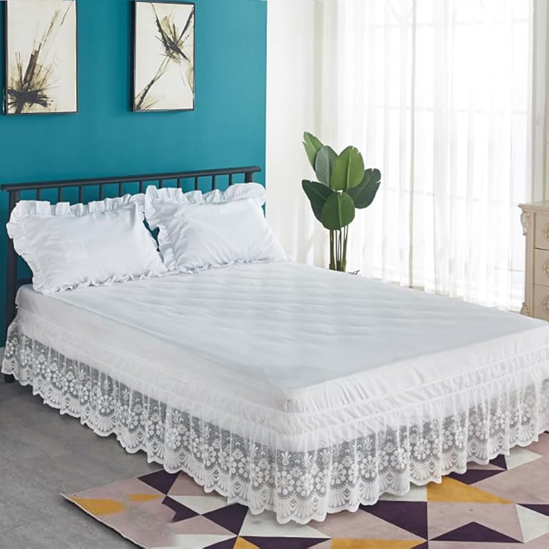 White Lace Bed Skirt for Queen Bed - 15in. Drop, Easy Fit Ruffle Bedskirt Wrap Around Bed Skirt, Anti Wrinkle & Fade Resistant