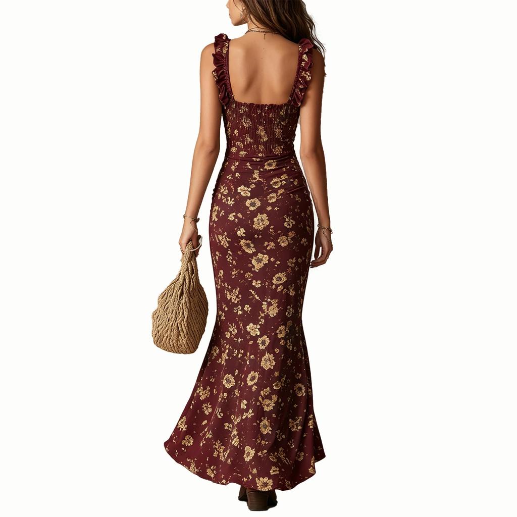 Bohemian Style Sleeveless Dress with Ruffle Straps High Slit Maxi Dress Vintage Floral Print Summer Dress for Women