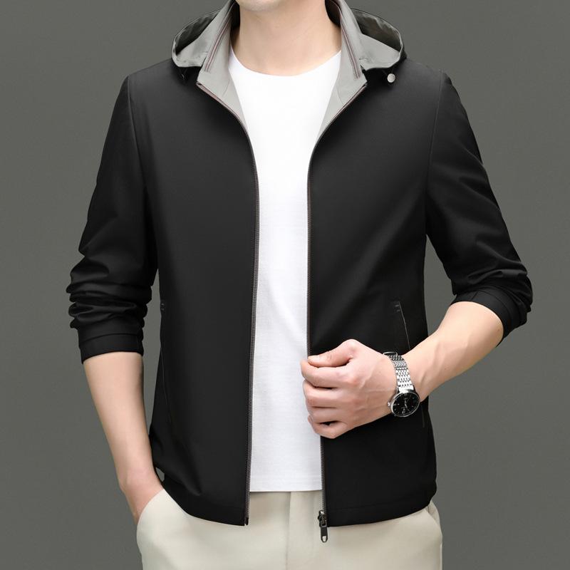 Men's Double-Sided Mulberry Silk Jacket - Hooded, Loose Fit, Business Casual, Spring/Autumn Outerwear