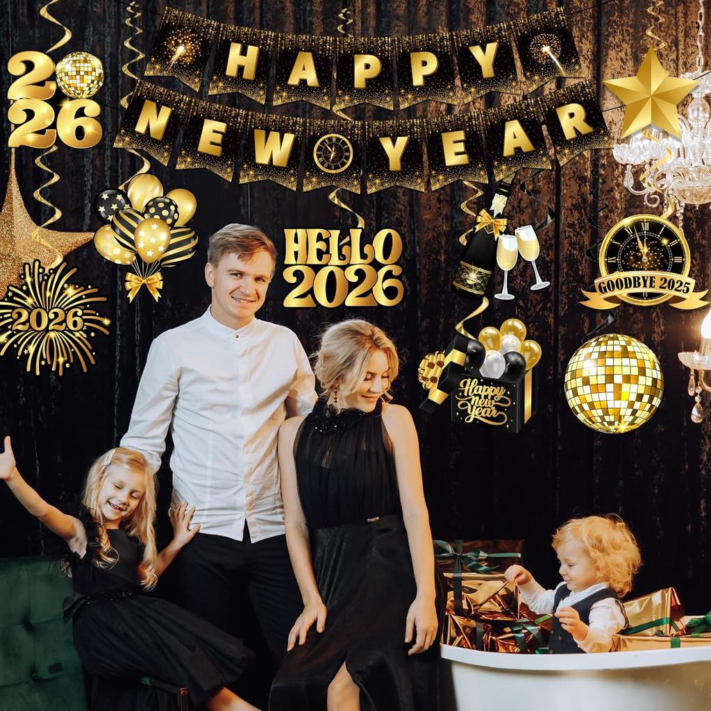Happy New Year Decorations 2026, Black Gold Happy New Year Banner and New Years Hanging Swirls,New Years Eve Party Supplies Hanging Decoration for