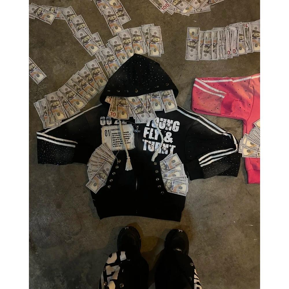 LUXEON Gothic Punk Hip Hop Gewaschener Hoodie Y2k Retro Streifenstickerei Reißverschluss Kapuzenpullover Rock Harajuku Herren Damen Streetwear