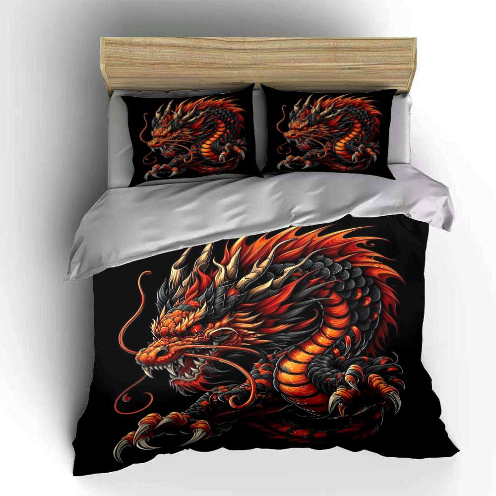 Chinese Red Fire Oriental Dragon Duvet Cover Set Black Traditional Tattoo Bedding Includes 1 Duvet Cover And 2 PillowcaseGift