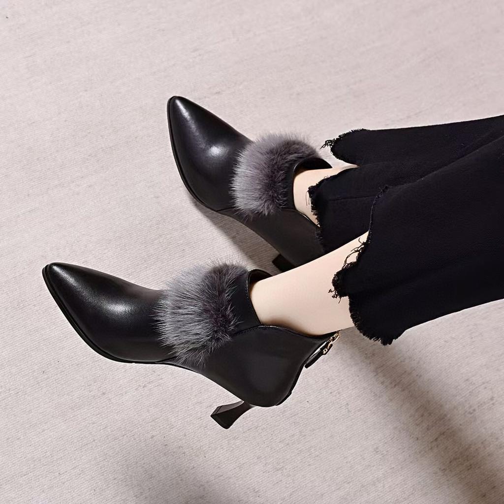 Pointed Stiletto Short Boots Women's Autumn and Winter Personality Mink Hair Fashion Boots Rear Zipper Leather Boots Women's Ankle Boots