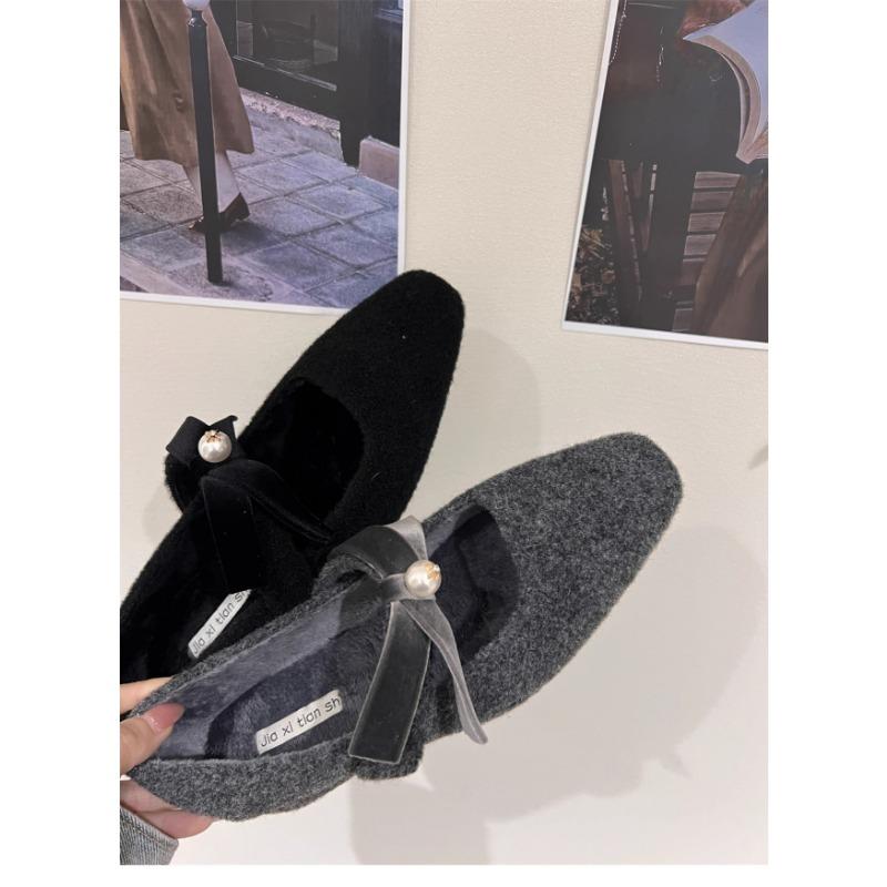 Winter Shallow Butterfly-knot low Heel Pumps Fashion Square Toe Fleece Flet Ballet Flats Ladies Buckle Strap Warm Plush Loafers