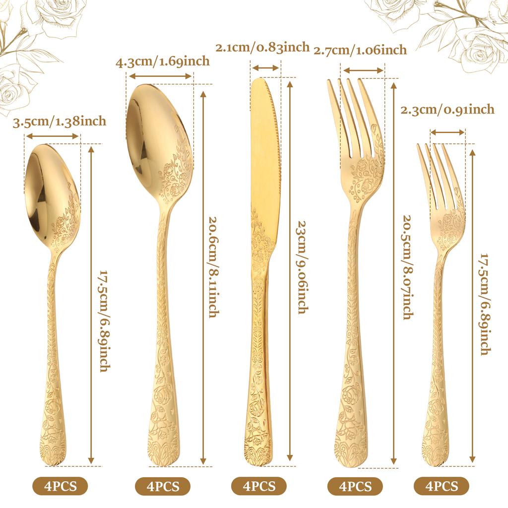 20pcs Silverware Set Floral Carved Stainless Steel Flatware Mirror Polished Cutlery Including Fork Spoon Knife Dishwasher Safe