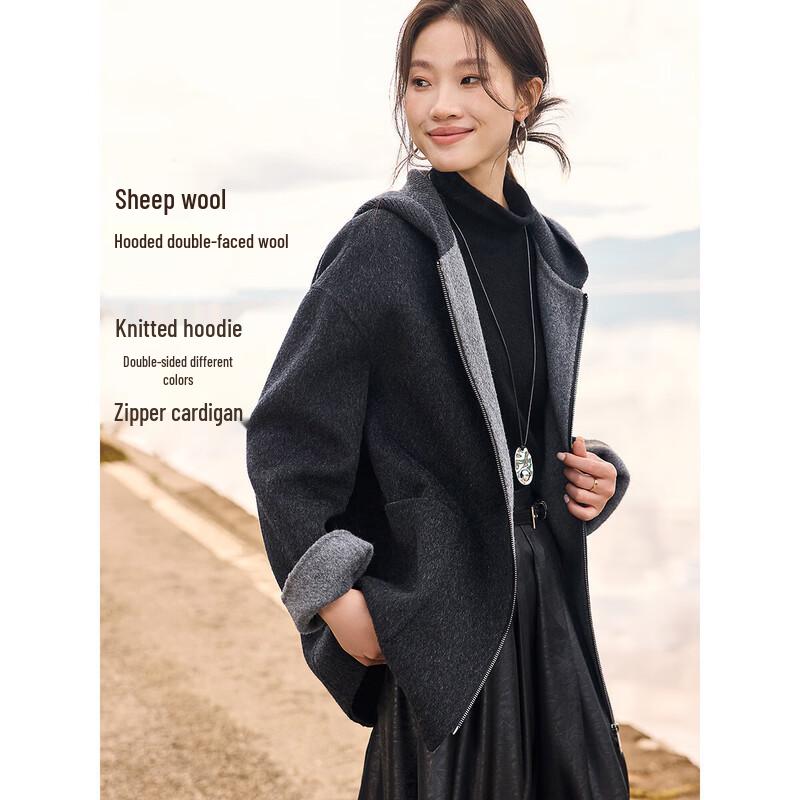 

Women s Two-Tone Double-Faced Hooded Wool Coat S