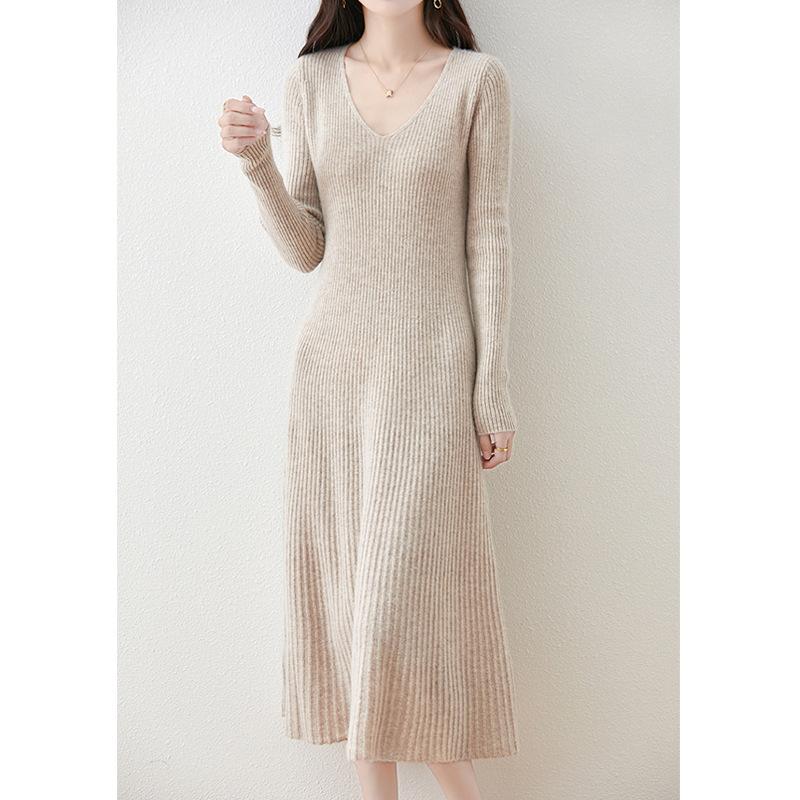 Solid color v-neck medium and long knitted dress for women's autumn and winter new temperament slim and thin over the knee primer sweater skirt
