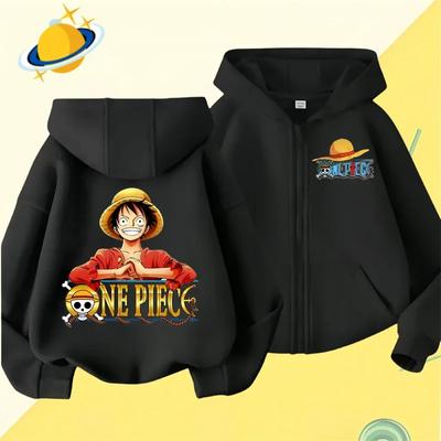 Anime One Piece Kids Zipper Hoodie Cartoon Printed Autumn/Winter Long Sleeved Hooded Sweatshirt Casual Top for Boys and Girls