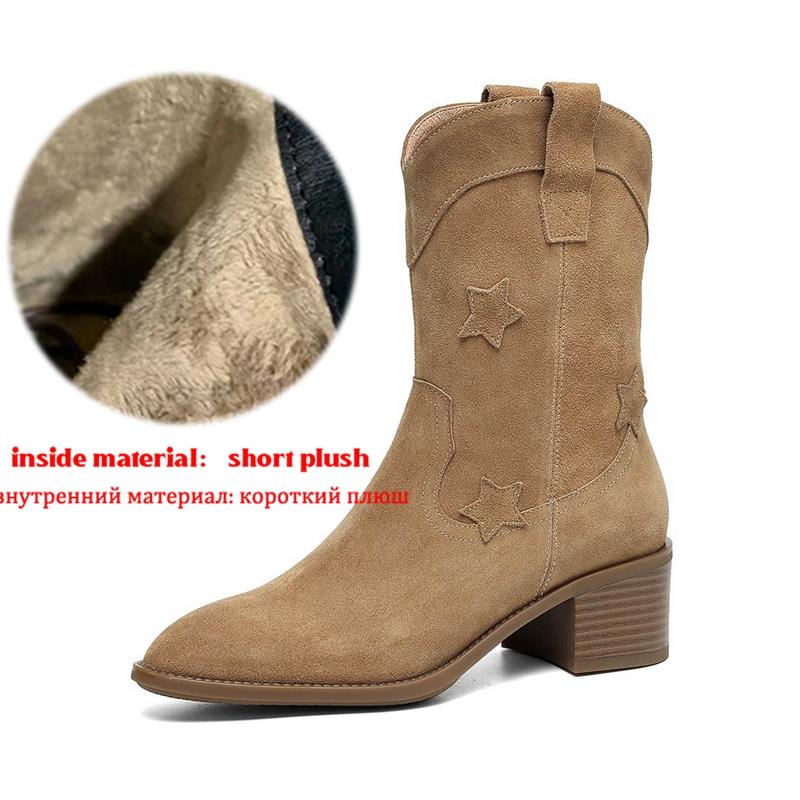 Krazing Pot Cow Suede Nubuck Winter Round Toe Modern Boots Med Heels Slip On Five-Star Decoration Women Mid-calf Boots