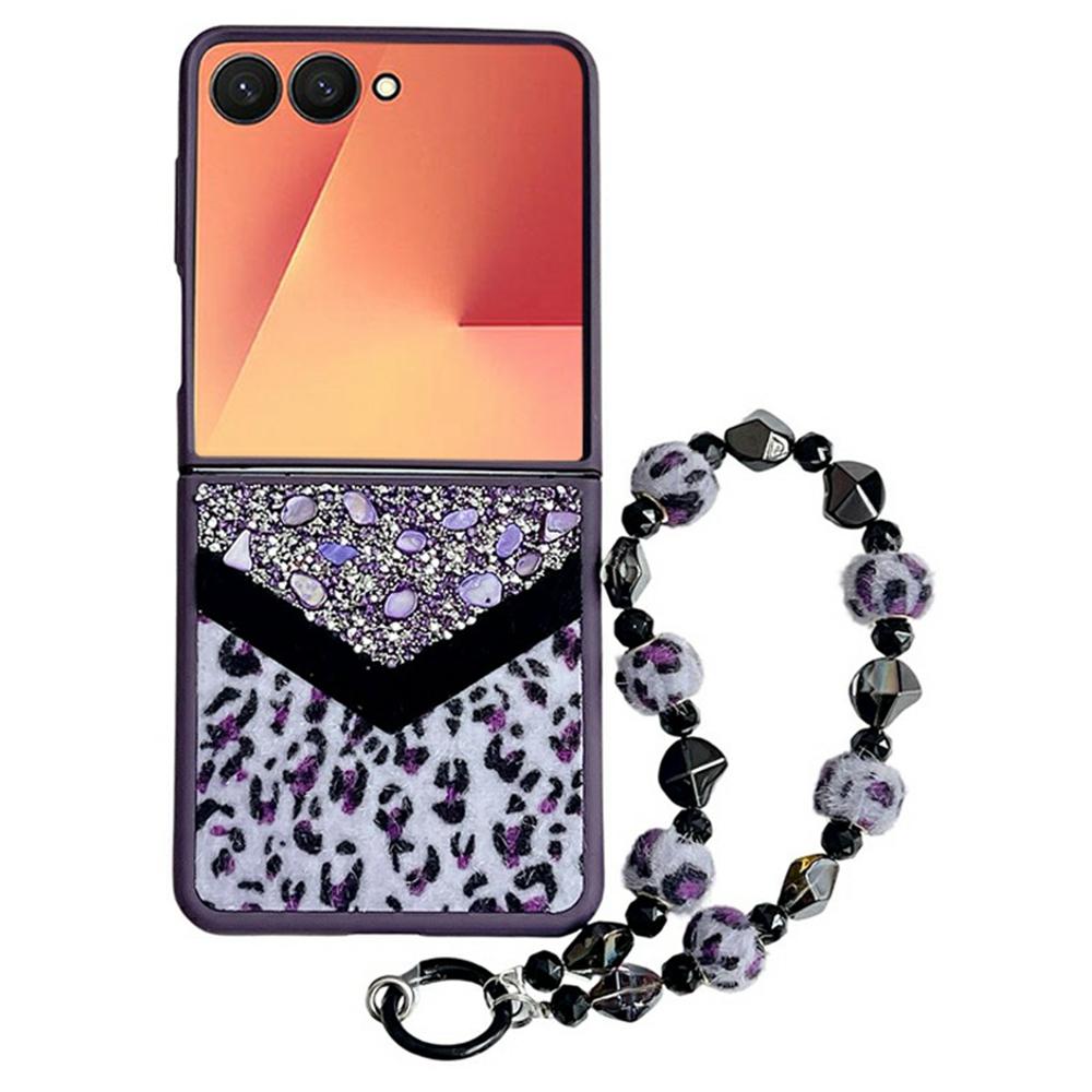 For Samsung Galaxy Z Flip7 5G Case Stone Decor Glitter Leopard Splicing Plush PC Phone Cover with Hand Chain