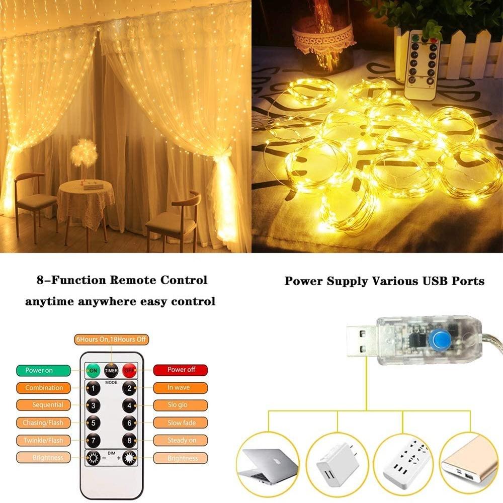 Runtowo USB LED Curtain Light String, Christmas Room Decoration, Remote Control 8 Function Light Garland ,Wedding Curtain Decor