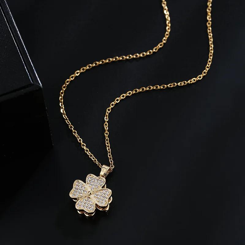 Lucky Fortune Amulet Four Leaf Clover Pendant Necklace 360° Rotation Zircon Decompression Accessories Jewelry Gift for Women
