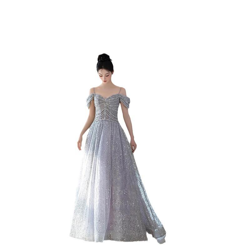 One-word shoulder evening dress women's 1011 new banquet adult ceremony niche senior temperament host art examination graduation