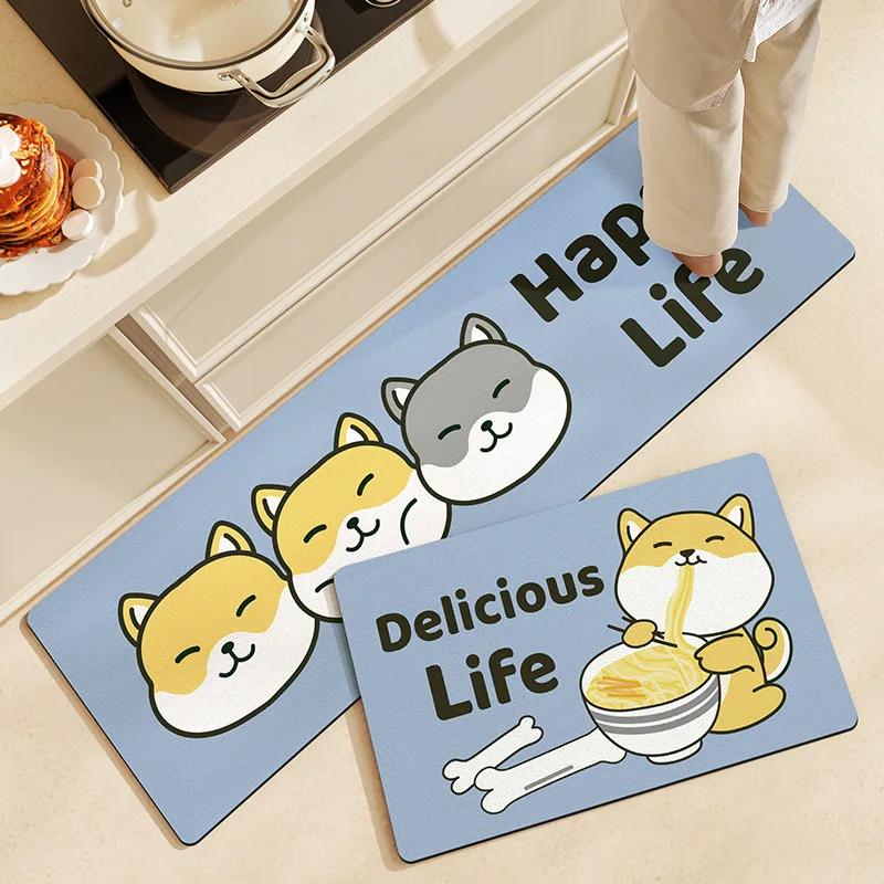 Fiber Leather Natural Rubber Kitchen Floor Mat, Soft Q-elastic Long Kitchen Mats Absorbs Water, Oil and Non-slip Foot Pads